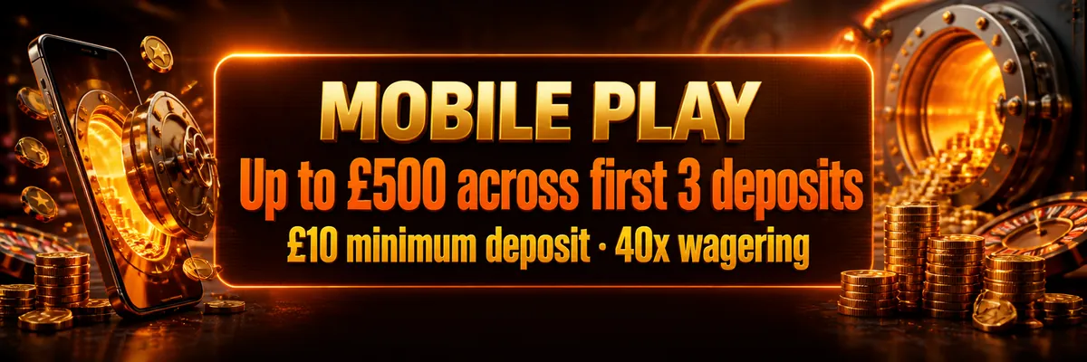 Cinematic Cashmo casino banner showing a glowing safe beside a modern mobile device, golden coins and suspended sparks against a dark casino backdrop.