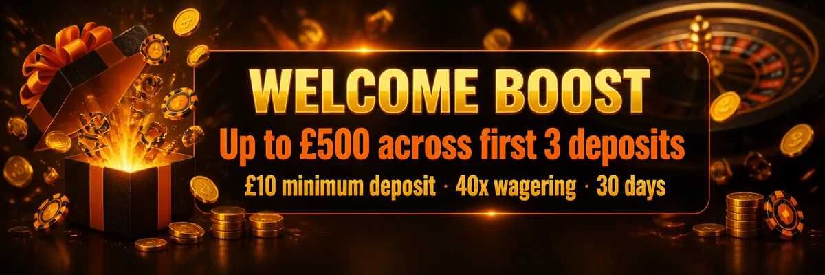 Cinematic Cashmo casino banner showing an open glowing gift box, stacked golden coins and floating tokens beside a roulette wheel in orange and gold light.